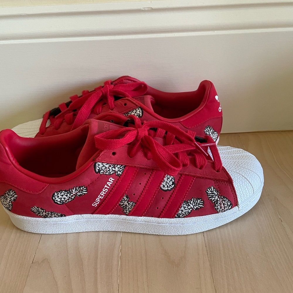 Adidas red pineapple sneakers